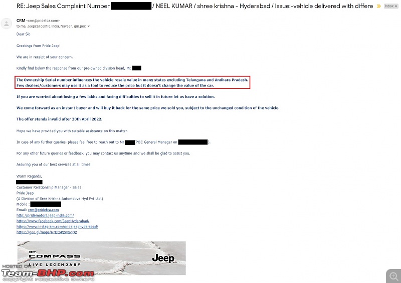 Jeep / Pride Motors Hyderabad duped me | Used Compass Trailhawk-prides_response.jpg