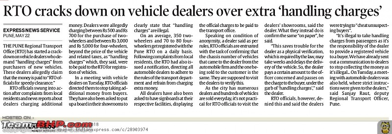 Delhi Transport Dept tells Dealers to stop "Handling Charges" SCAM. EDIT: Telangana and Kerala too-indian-express.jpg