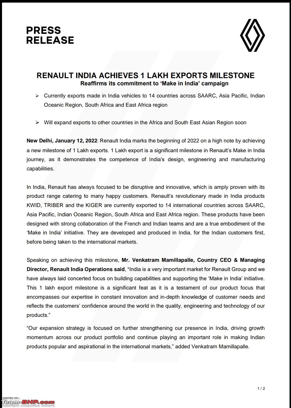 Renault India achieves 1 Lakh Exports Milestone - Team-BHP