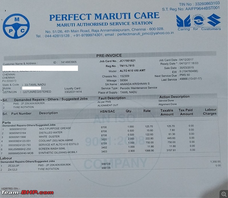 My Go-kart. Maruti Alto K10 VXi AMT, Cerulean Blue - 6 years & 90,000 km update-60k-bill.jpg