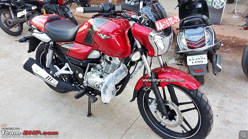 The Bajaj V - A motorcycle made with INS Vikrant's steel-bajajv15frontquarterlaunchedincocktailwineredcolor.jpg