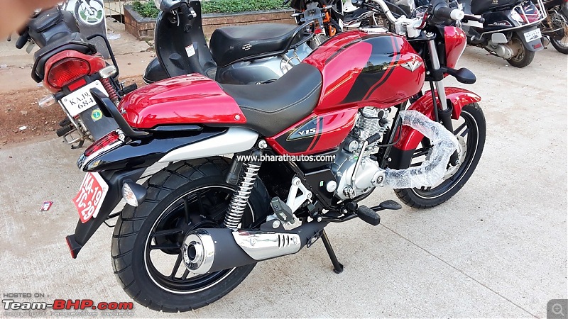 The Bajaj V - A motorcycle made with INS Vikrant's steel-bajajv15rearquarterlaunchedincocktailwineredcolor.jpg