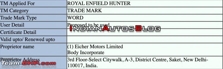 Trademark application for Royal Enfield Hunter filed in India-royalenfieldhuntertrademarkapplication.jpeg
