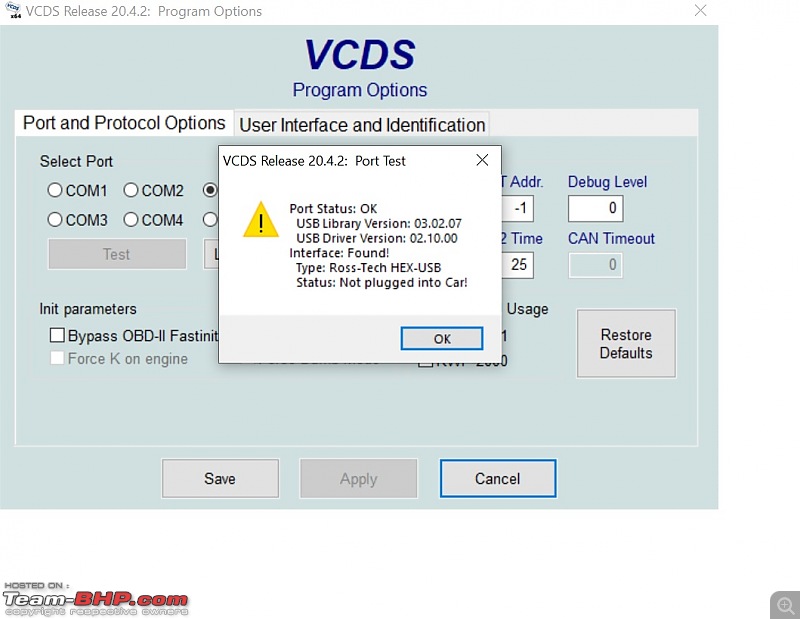 vcds port status ok interface not found
