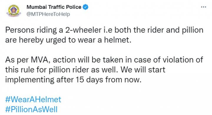 Mumbai: Helmets compulsory for 2-wheeler pillion riders 
