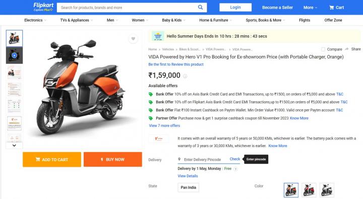 You can now buy the Hero Vida e-scooter through Flipkart 