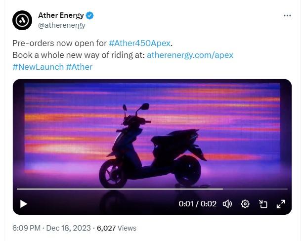 Ather Energy opens bookings for 450 Apex e-scooter 