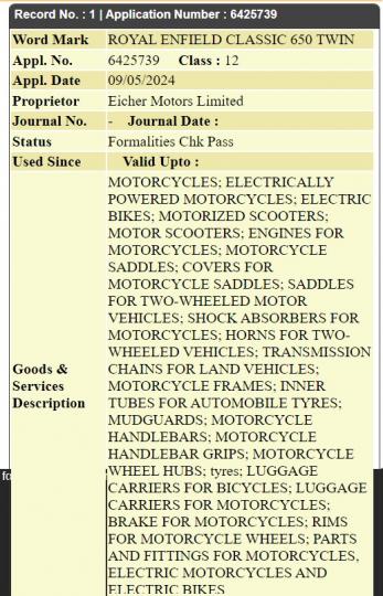Royal Enfield Classic 650 Twin trademark filed 