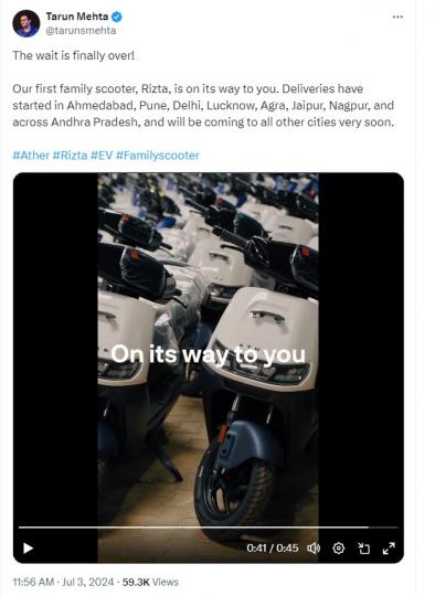 Ather Rizta e-scooter deliveries commence in India 