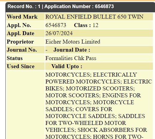 Royal Enfield files 'Bullet 650 Twin' trademark 